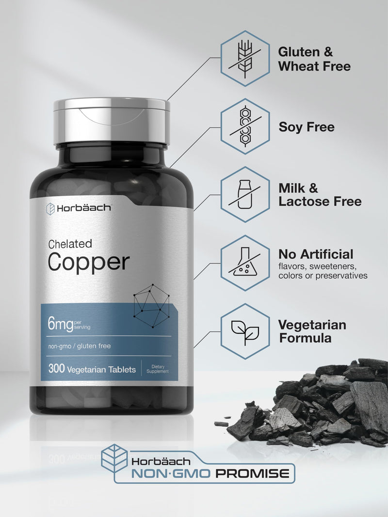 Horbäach Chelated Copper Supplement 6mg | 300 Tablets | Essential Trace Mineral | Vegetarian, Non-GMO, Gluten Free - BeesActive Australia