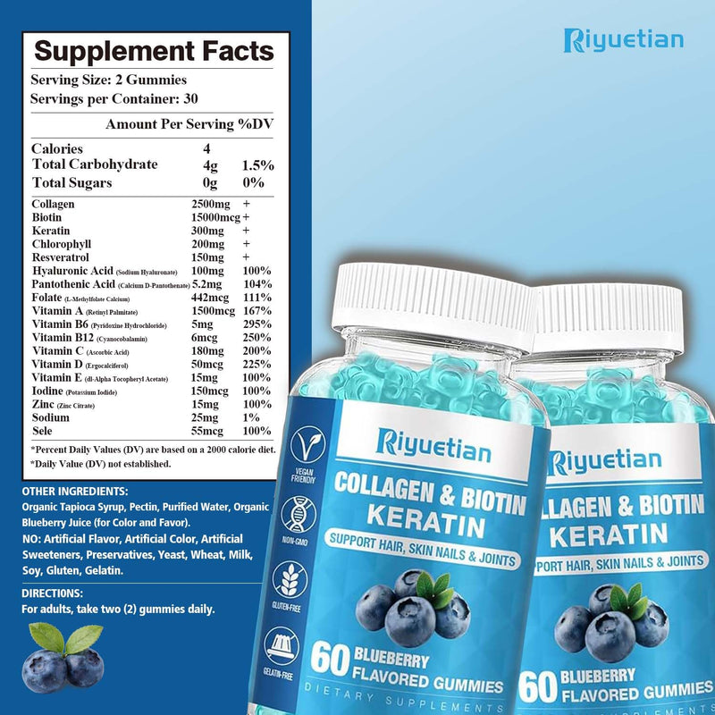 Biotin Gummies 15000mcg with Collagen for Adults Women & Men - Hair, Skin & Nails Gummies with Biotin - Collagen for Woman - Vegan, Non-GMO, Hair Vitamins - 60 Count, 1 Pack