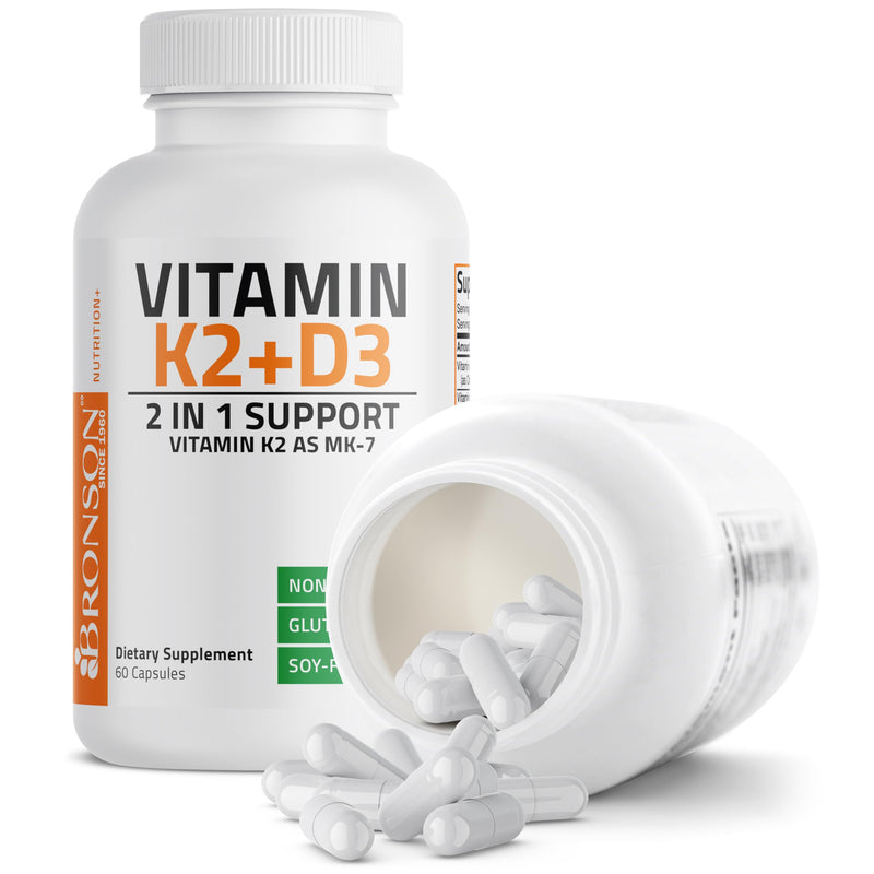 Bronson Vitamin K2 D3 (MK7) Supplement 2-in1 D3 & K2 Complex, 60 Capsules | Bone, Immune & Heart Health Support, Gluten Free, Soy Free, Non-GMO, Vitamin D3 5000IU (125 mcg) & 90 mcg K2 MK-7 60 Count (Pack of 1)