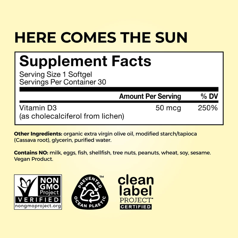 HUM Here Comes The Sun Vitamin D3 Immune Support & Bone Health, 30 Count | 2000 IU D3 from Lichen, Women & Men, Non-GMO, Gluten Free, 30 Capsules 30 Count (Pack of 1)