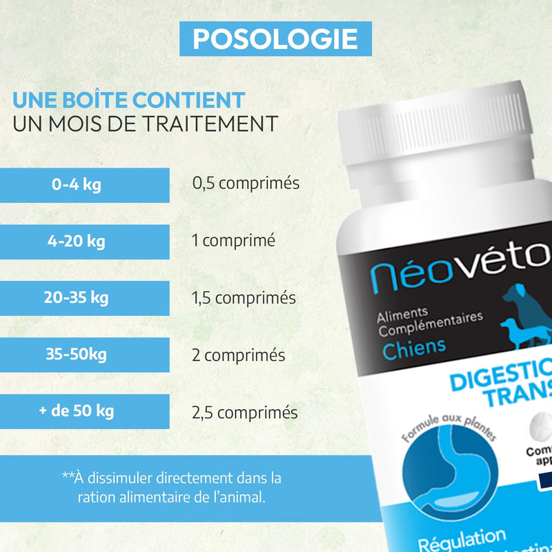 NEOVETO - Digestion Transit - 30 natural tablets for Dogs - Intestinal hygiene - Active ingredients approved by French Veterinary Services - Made in France - Easy to administer