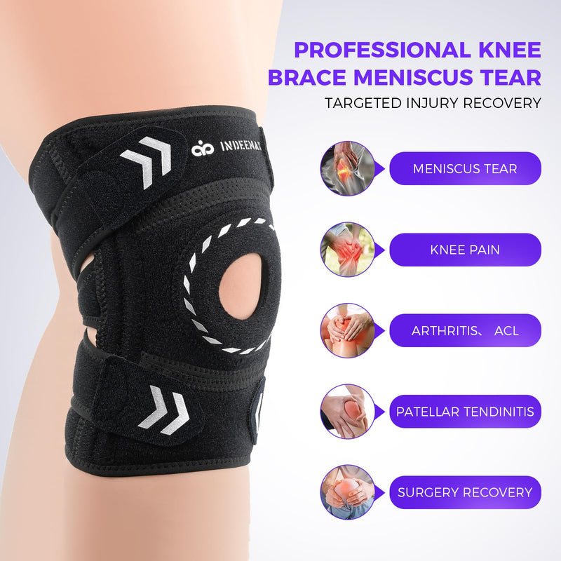 Adjustable Knee Support Brace for Women Men, Adjustable Compression Knee Patellar Pad Tendon Support Sleeve Brace - Arthritis Pain, Injury Recovery, Running, Workout, Neoprene Knee Brace with Stabilizers and Open Patella, Black