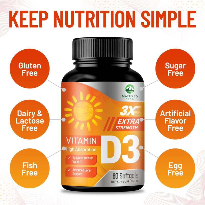 Vitamin D-3 5000 IU (125 mcg) Per Serving Softgels - Extra Strength Vitamins D Dietary Supplement for Bone, Teeth, Muscle Health & Immune Support, Rapid Absorbtion USA Bottled, Gluten Free - 60 Count 60 Count (Pack of 1)