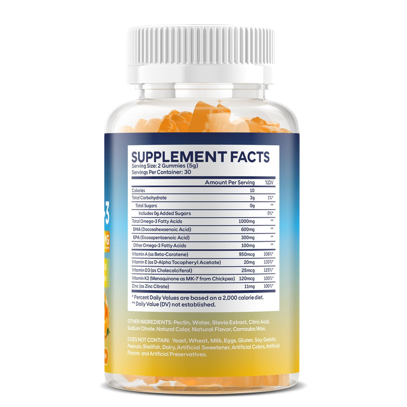 Vegan Omega 3 Gummies 1000mg, Orange Flavor, Sugar Free, 60 Count | Algal Oil Supplement with 600mg DHA & 300mg EPA for Eye & Immune Support, Non-GMO, Gluten Free, Pectin Based, No Fishy Burps 60 Count (Pack of 1)