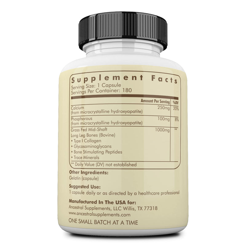 Ancestral Supplements Grass Fed Beef Living Bone Supplement, 180 Ct | Grassfed bone meal capsule supporting calcium and phosphorus absorption, bone, oral and joint health & flexibility. 180 Count (Pack of 1)