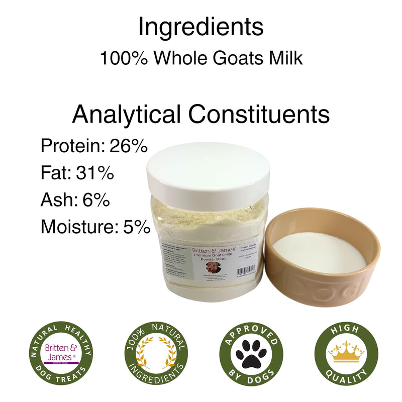 100% Natural Whole Goats Milk Powder for Dogs by Britten and James. Nutrient-Rich Boost, Improves Dogs' Hydration, Appetite, Gut Health and Immunity. High Calcium and Vitamins. For All Ages (500g) 500g