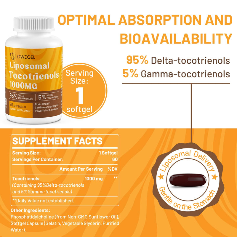 Liposomal Tocotrienols 1000mg - High Bioavailability Vitamin E Tocotrienols Supplements,95% Delta & 5% Gamma Tocotrienol Capsules Support Cardiovascular,Skin,Bone,Antioxidant,60 Softgels 60 Count (Pack of 1) - BeesActive Australia