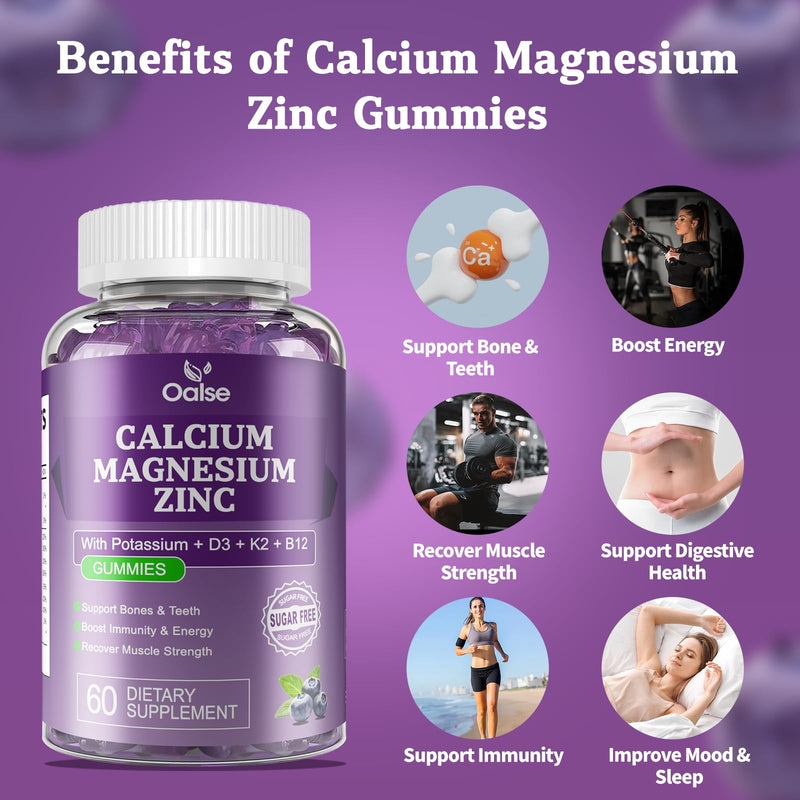 Calcium Magnesium Zinc Gummies with Vitamin D3 K2, Sugar Free Calcium Gummy | Calcium 1200 mg with Vitamin D3 for Muscles, Sleep Support, Calcium Citrate for Women Kids, Blueberry Flavor, 60 Count 60 Count (Pack of 1)