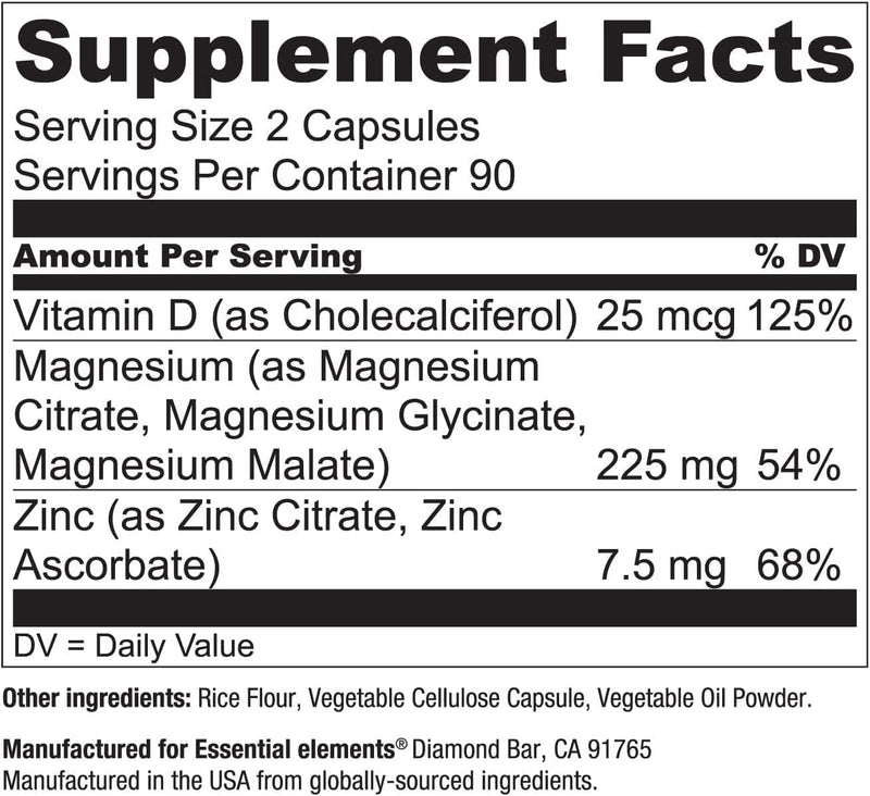 Essential Elements Magnesium Plus Zinc with Vitamin D3 - Scientifically Formulated Heart, Bone, & Muscle Support - 225mg Triple-Strength Magnesium Complex with Glycinate, Malate, Citrate - 360 Count 180 Count (Pack of 2)