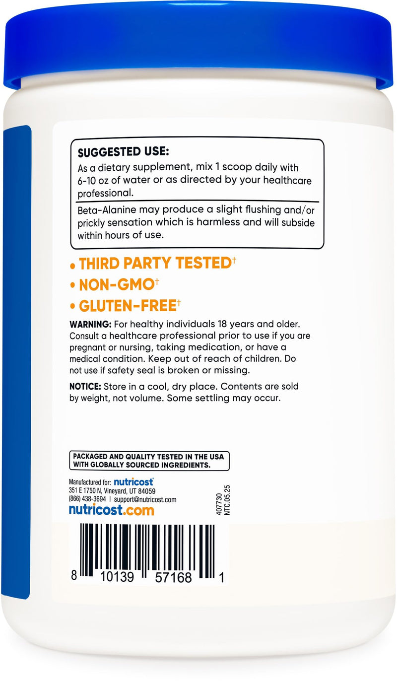 Nutricost Beta Alanine Powder 500 Grams (1.1lbs) - Pure Beta Alanine, Gluten Free & Non-GMO 1.1 Pound (Pack of 1) - BeesActive Australia
