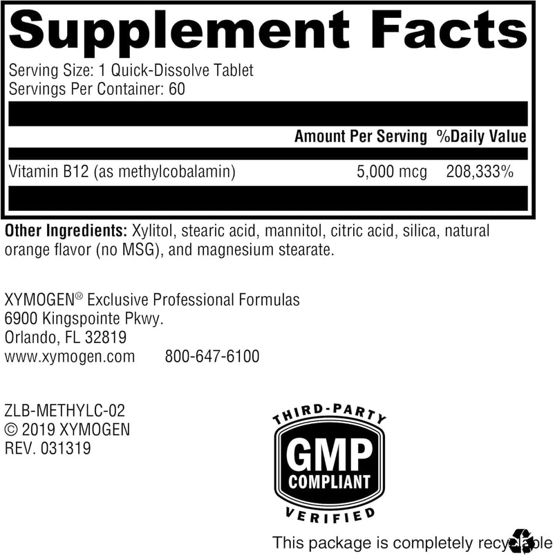 XYMOGEN Methylcobalamin, 60 Quick-Dissolve Tablets | 5 mg Vitamin B12, Supports Healthy Methylation, Neurological Health, and Red Blood Cell Formation, Non-GMO and Gluten-Free 60 Count (Pack of 1)