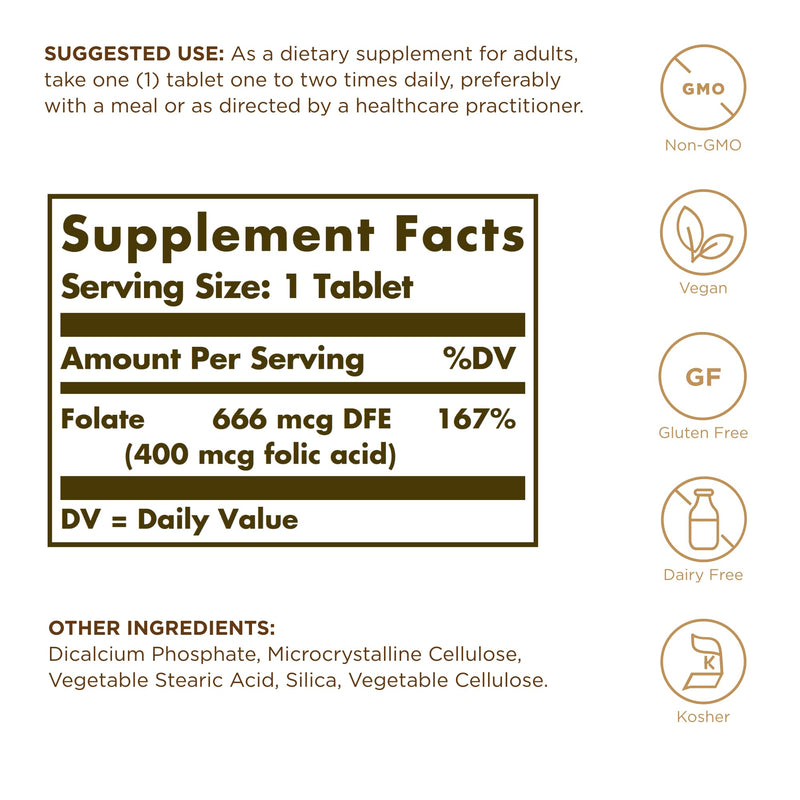 Solgar - Folic Acid, 400 mcg | Recommended before and during pregnancy · Promotes the formation of blood cells 250 Count (Pack of 1)