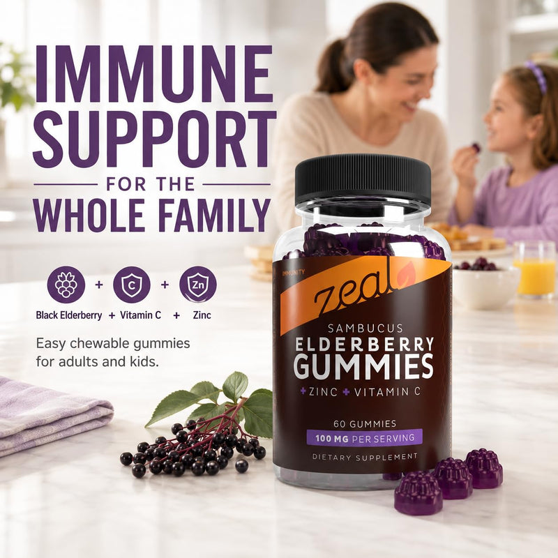 Zeal Naturals Elderberry Gummies for Adults and Kids, Sambucus Black Elderberry with Zinc and Vitamin C, Immune Support Gummies, 60 Count 1 Count (Pack of 1)