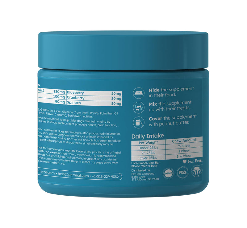 PetHeal Aging Aid Chews for Senior Dogs - Vet-Reviewed - Supports Joints, Energy & Vision with Hemp, DHA, Blueberry & Spinach | Fights Inflammation & Promotes Vitality | 30 Pork-Flavored Soft Chews