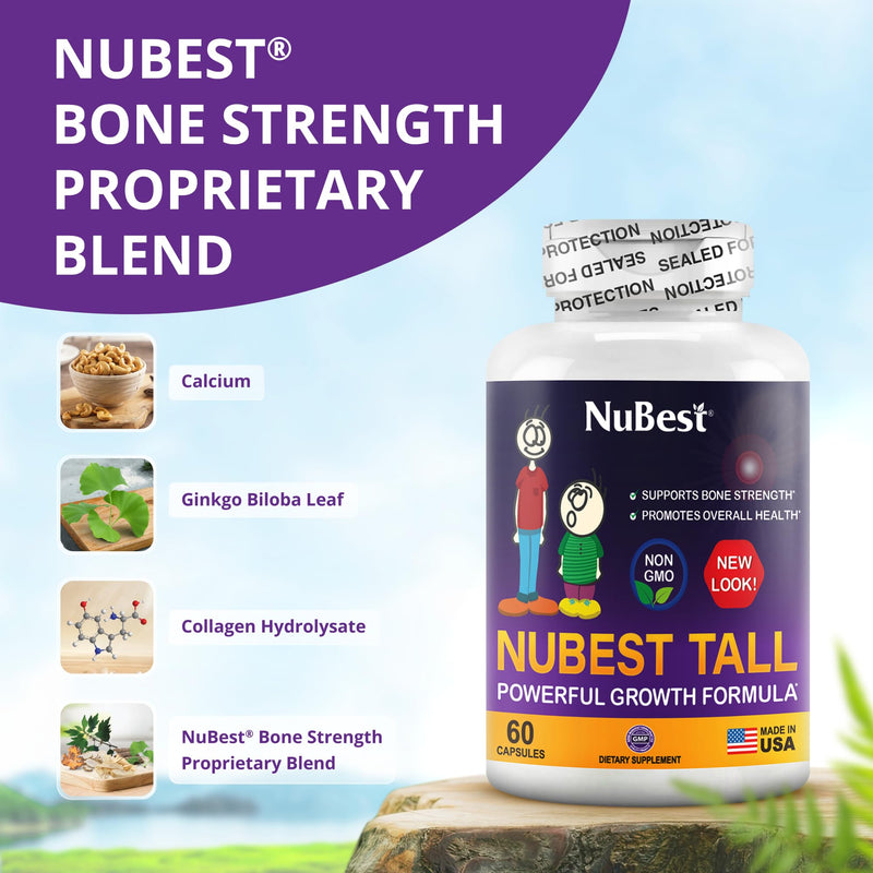 NuBest Tall | Support Bone Strength, Bone Health, Enhanced Immune and Whole Body Wellness with Calcium, Collagen, and Herbs for Ages 5+ & Teens | 60 Capsules | 1 Month Supply Authentic 60 Count (Pack of 1)