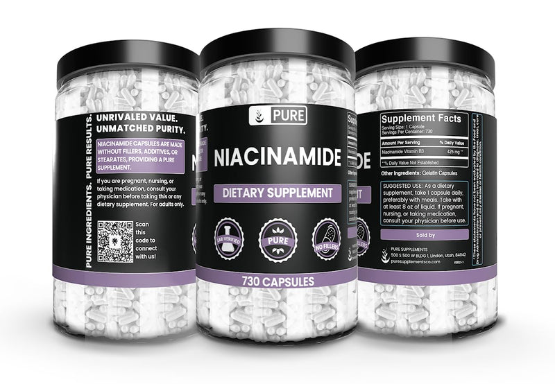 PURE ORIGINAL INGREDIENTS Niacinamide (730 Capsules) No Magnesium Or Rice Fillers, Always Pure, Lab Verified 730 Count (Pack of 1)