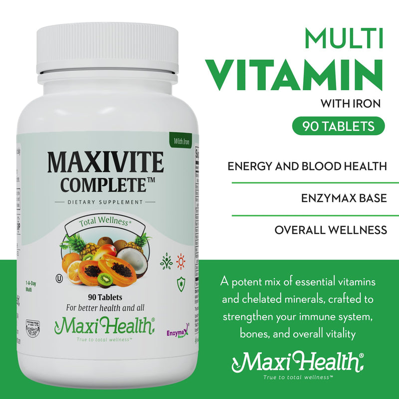 Maxi Health Multivitamin with Iron – Men & Womens Daily Multivitamins for Energy, Immune System, & Overall Wellness – Multi Vitamin with Vitamins A, B, C, D3, E, Zinc, & More – Kosher 90 Tablets