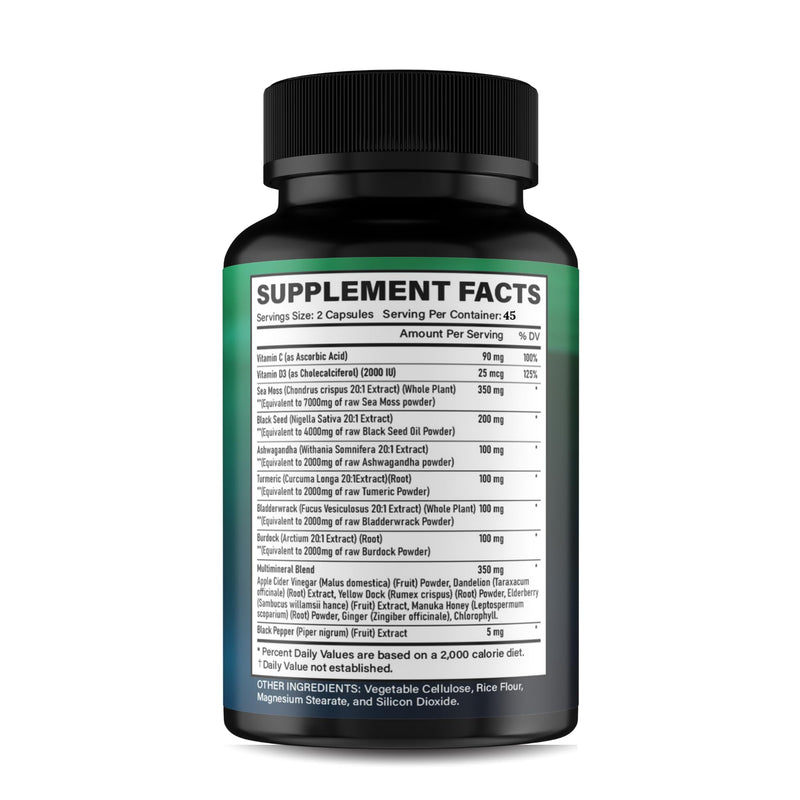 Organic Sea Moss Capsules (90 Count) ‚Äì Monthly Supply with Black Seed Oil, Ashwagandha, Ginger, Burdock, Bladderwrack & Turmeric ‚Äì 102 Essential Vitamins for Energy, Focus & Immunity