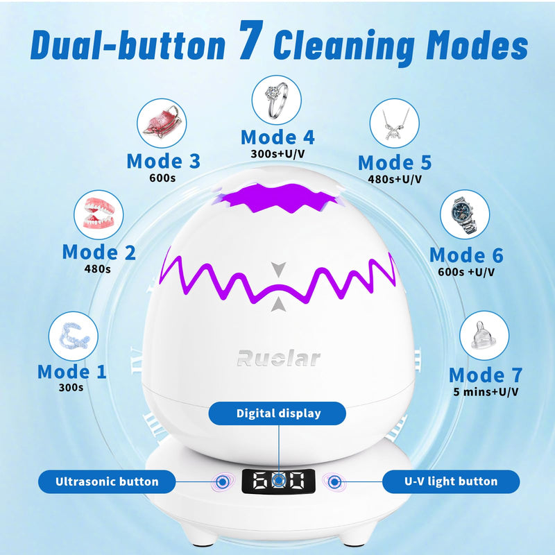 Ultrasonic Retainer Cleaner Machine for Dentures | 45kHz Dental Cleaning Pod for Mouth Guards, Aligner, Nightguard, Braces, Jewelry | 3 Timer Modes Denture Cleaner- Cooling Fan & Split-Design White