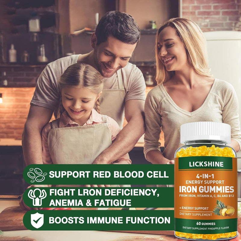 lickshine 2 Pack Vegan 100MG Iron Supplement Gummies for Women & Men - with Vitamin C, A, B for Adults & Kids - Energy Support for Iron Deficiency, Anemia - Pineapple Flavor (120 Ct) 60 Count (Pack of 2)