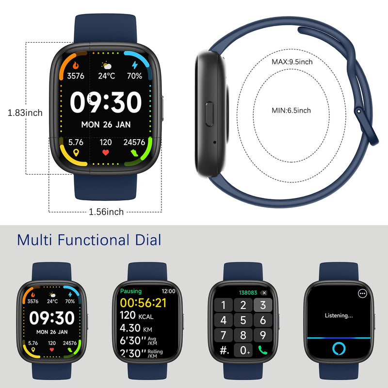 Smart Watch (Answer/Make Call) for iPhone&Android, 1.83" Smartwatches with Sleep Monitor Heart Rate Activity Tracking, IP68 Waterproof, Fitness Tracker 100+Sport, Reloj Inteligente 30 Day+Battery Life Blue - BeesActive Australia