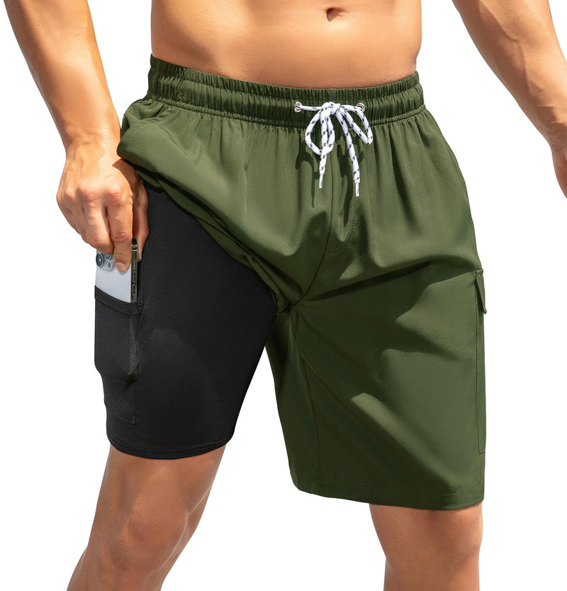 American Trends Mens Swim Trunks with Compression Liner Board Shorts for Men Quick Dry Swimsuits Bathing Suit Swimwear X-Large 9" Army Green - BeesActive Australia