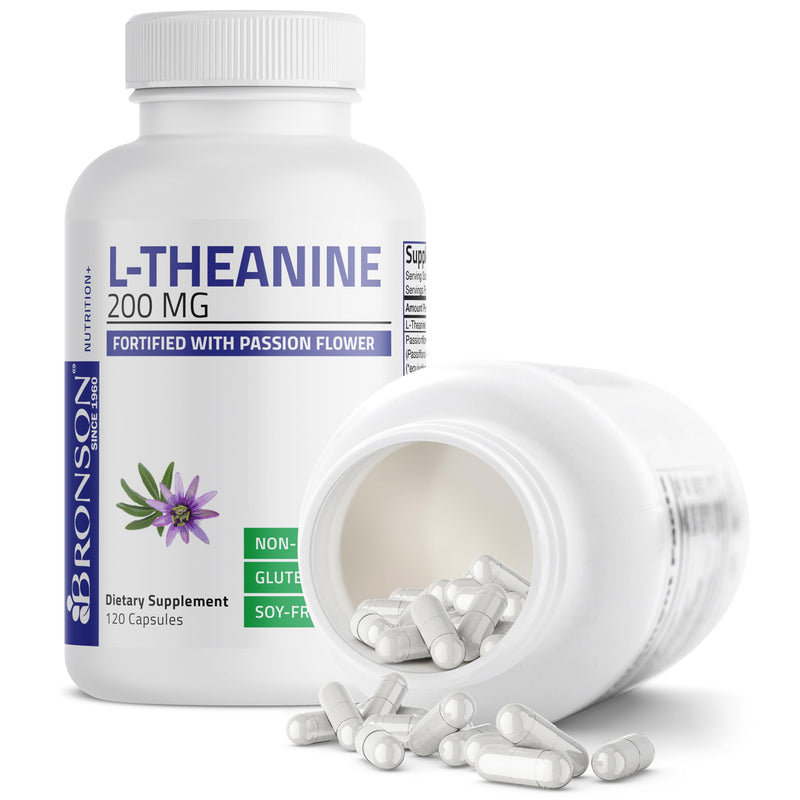 Bronson L-Theanine 200 mg with Passion Flower, Stress Support, 120 Capsules | Promotes Relaxation Without Drowsiness, Supports Healthy Mood, Non-GMO, Gluten-Free & Soy-Free 120 Count (Pack of 1)