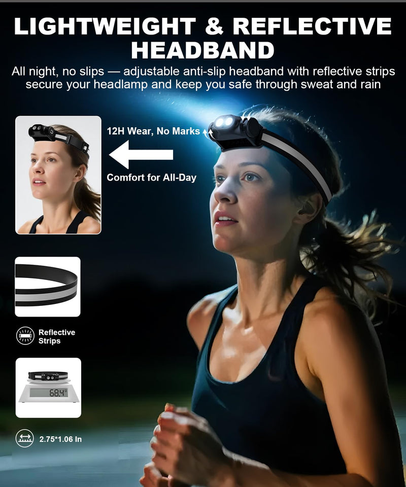Rechargeable Headlamp 3PCS, High Lumens Bright Head Lamp Led with Motion Sensor, 4 Modes, Magnet, Detachable Flashlight & Headband for Adult,Running,Outdoor,Emergency,Hard Hat Light 3 Pack