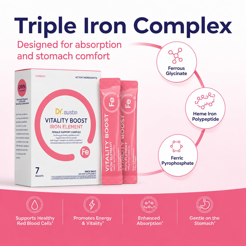 Dr. Austin Vitality Boost Iron Element with B-Vitamins & C - Gentle, High-Absorption Formula for Energy Support - 7 Liquid Packets 1
