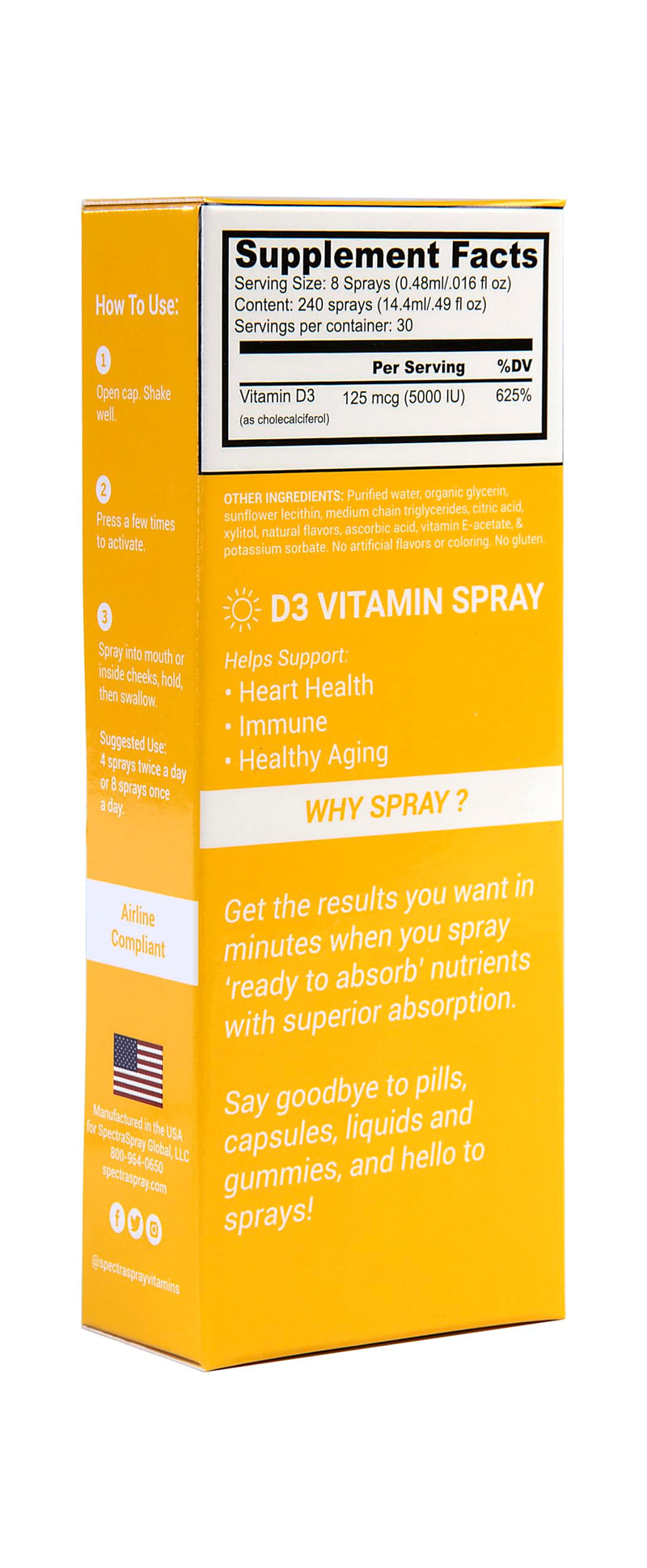 Spectraspray Vitamin D3 Spray Vitamin (30 Day Supply) 5000IU Liquid Vitamin | Natural & Effective Oral Spray 5000IU Liquid Vitamin D3, Non-GMO & Made in USA, TSA Approved, 30 Day Supply