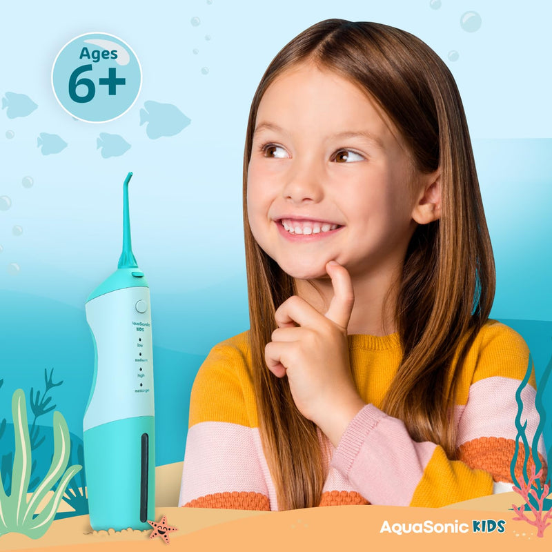 AquaSonic Kids' Water Flosser for Ages 6+ | Standard Nozzle, Orthodontic Nozzle & Waterproof Stickers | 4 Flossing Modes | Aquarium Adventures Theme (Blue) Blue