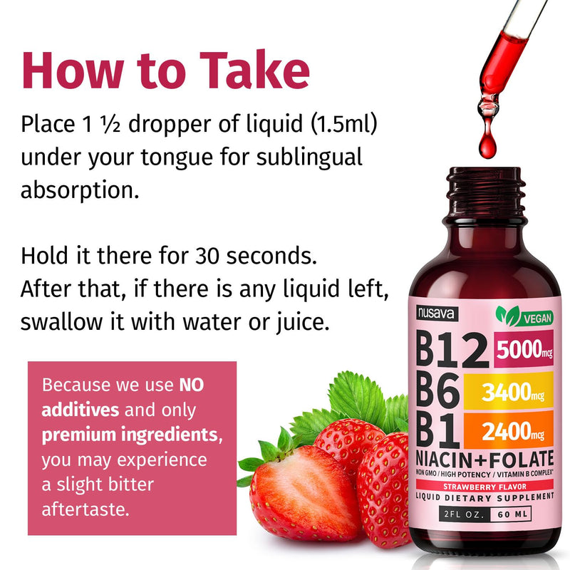NUSAVA (4 Pack) Vitamin B12 Liquid Drops 5000mcg - B12 Sublingual with B6 & Vitamin B Complex - Methylcobalamin B12 Drops for Women & Men -Vegan Supplement, Non-GMO, Strawberry (2 Fl Oz, 160 Servings) 2 Fl Oz (Pack of 4)