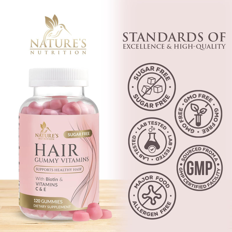 Hair Vitamins Gummies - Sugar Free Hair Growth Support Gummy with Biotin 5000 mcg Per Serving, Vitamin A, B12, C, D, E, Folic Acid - Supports Strong Beautiful Hair and Nails, Vegetarian - 120 Gummies 120 Count (Pack of 1)
