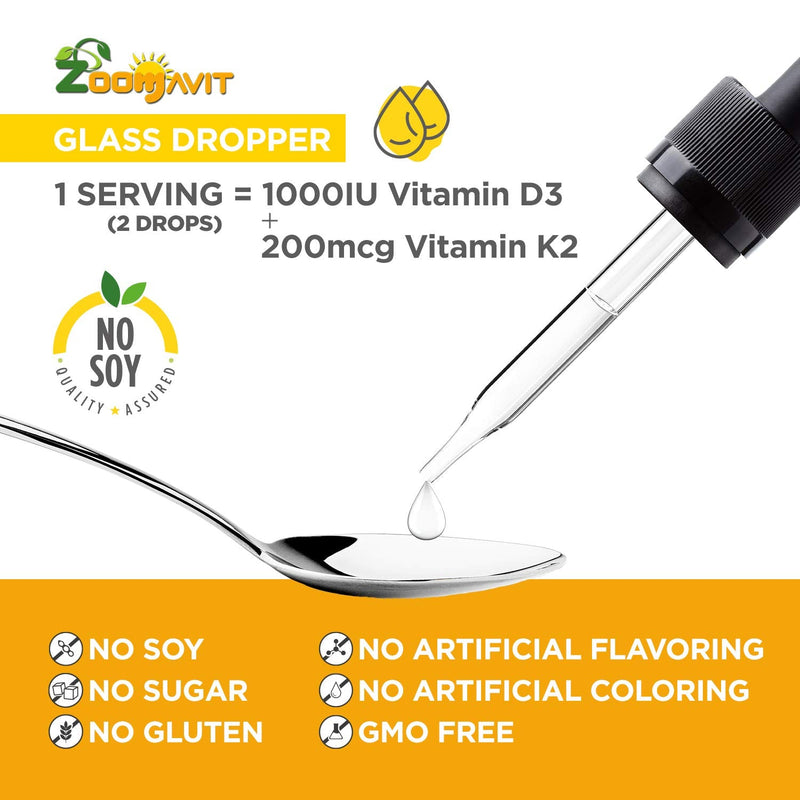 Vegan Liquid Drops Vitamin D3 K2 (MK7) - 100% Plant Based Liquid Vitamin D Enhanced with Coconut Oil for Max Absorption - 1 Serving = 1000 IU VIT D3 and 200 mcg VIT K2
