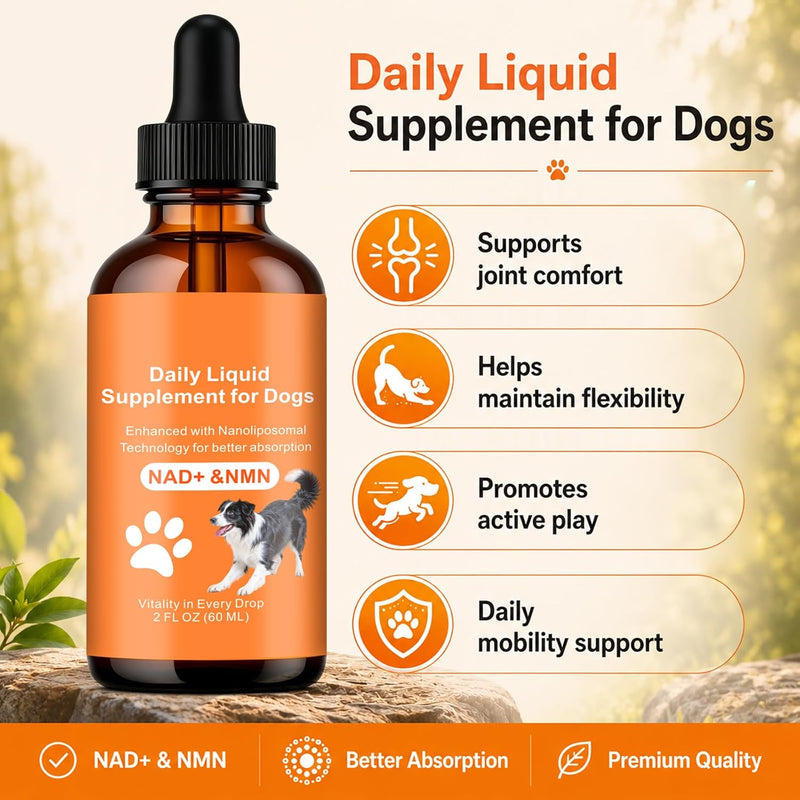 NAD+ for Dogs - Longevity Supplements for Dogs Energy, Vitality, Healthy Aging, Cognitive Health - Senior Dog Supplement with NR, Trans-Resveratrol, Quercetin, Glucosamine HCI - 60ML