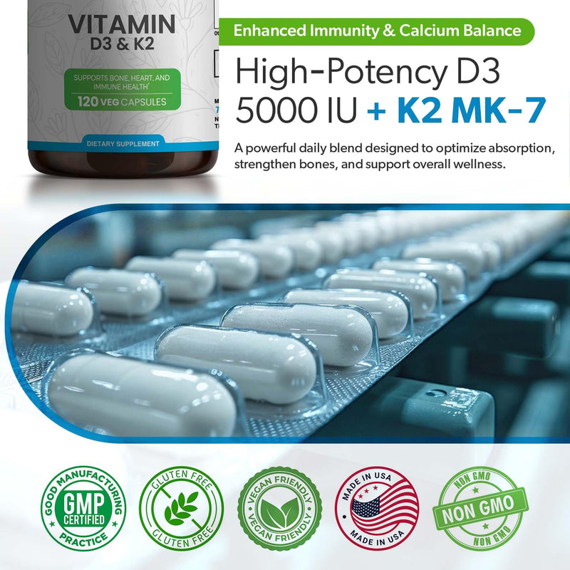 Vitamin D3 K2 Bone Health, Heart Support & Calcium Absorption Supplement | Immune Wellness, 5000 IU D3 with MK7 K2 90mcg, 120 Veg Capsules, Non-GMO, Gluten Free, Made in USA
