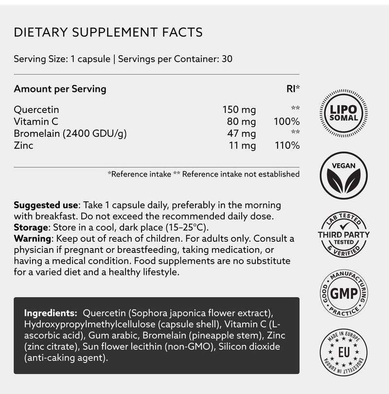PUROVITALIS Liposomal Quercetin 150mg with Bromelain, Vitamin C & Zinc, 99% Purity Immune Support Supplement, 1-Month Supply (30 Vegan Capsules)