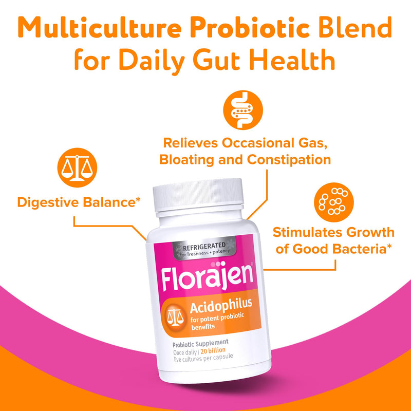 Florajen Acidophilus Probiotic, Extra-High Potency, 90 Capsules | Gut, Vaginal, & Immune Health, Bloating & Constipation Support for Adults, Refrigerated for Freshness, Live Active Cultures 90 Count (Pack of 1)