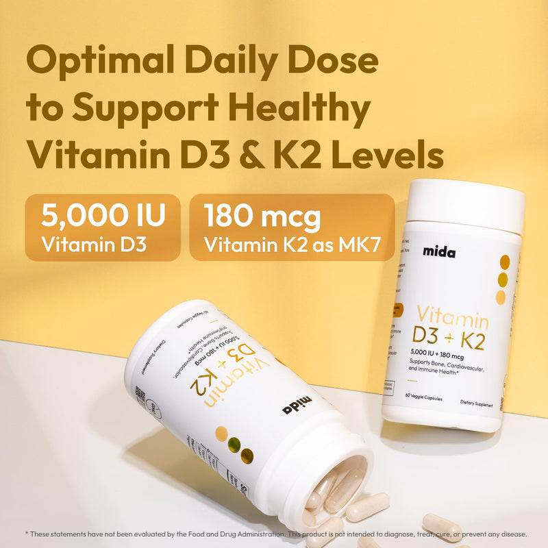 Vitamin D3 K2 5000 IU with MK7 (180 mcg) | Natural Supplement for Bone Strength, Heart Health, and Immune Support | Vegan Capsules | 60 Servings