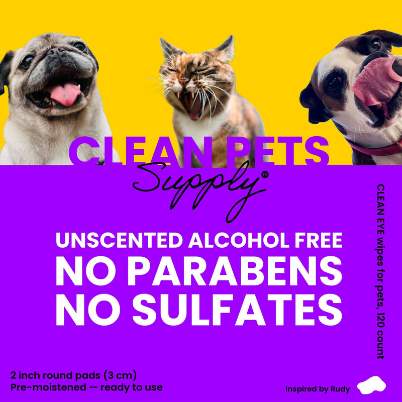 Dog and Cat Eye Wipes | Tear Stain Remover for Dogs & Cats | Unscented Hypoallergenic Eye Cleaning Wipes | Gently Removes Discharge, Crust & Debris | 120 Count | Gentle eye wipes for cats & dogs. Just clean.