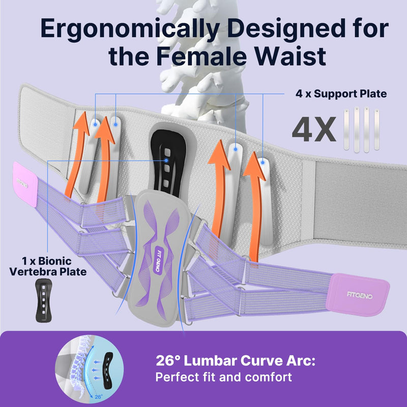 Fit Geno Back Brace for Lower Back Pain Women: Adjustable Lumbar Support Brace for Pain Relief - Breathable Waist Belt for Comfort - L Purple L (Waist: 38 - 46 Inch) - BeesActive Australia