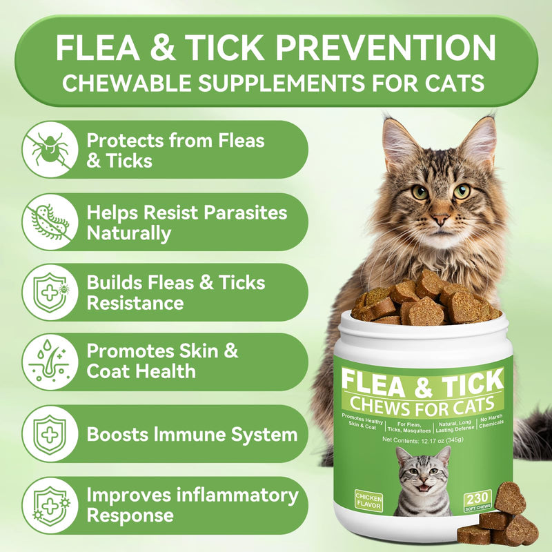 Cat Flea and Tick Chewables for Cats 230Ct, Natural Support Supplement, Flea Supplement for Cats, Flea and Tick Chews for Cats Kitten, All Breeds & Sizes, Digestive Health Chicken Flavor