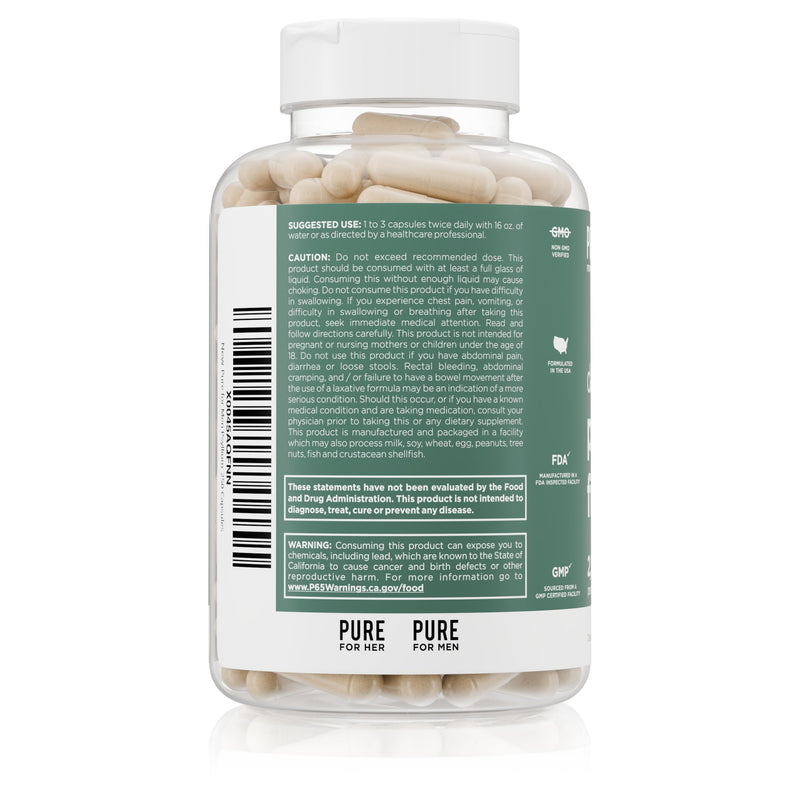 Pure for Men & Her Daily Psyllium Husk Fiber Supplement (250 Capsules) | Soluble Fiber 2,175mg Per Serving, Digestive Regularity & Gut Health Support for Men & Women, Psyllium Husk Powder, Vegan 250 Count (Pack of 1)