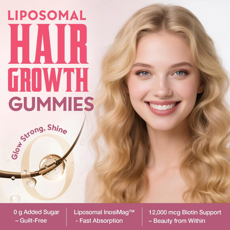 Liposomal Hair Growth Vitamins for Women, Biotin 12,000 mcg, 60 Soft Chews | Hair Growth Supplement, InosiMag, Collagen, Zinc, Vitamins C & D, Hair Skin and Nails Vitamins, Strawberry, 60-Day Supply 60 Count (Pack of 1)