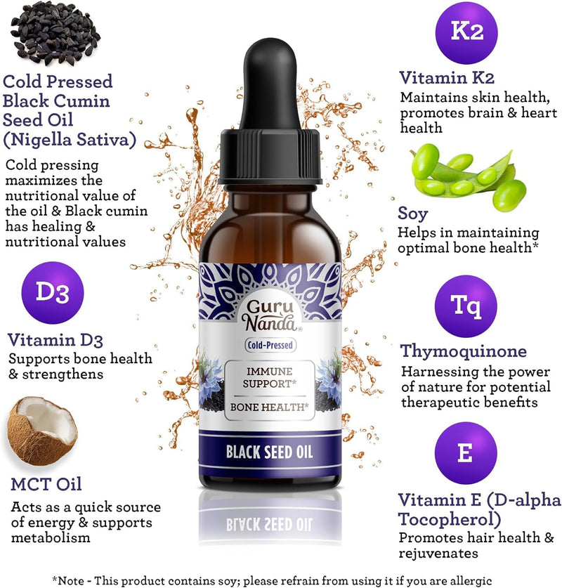 GuruNanda Black Seed Oil, Cold-Pressed Nigella Sativa - Rich in Vitamin D3 5000 Units, K2 & E, High Thymoquinone | Potent Antioxidant for Immune Support, Non-GMO, 2 Fl.oz,(Pack of 2) 2 Fl Oz (Pack of 2)