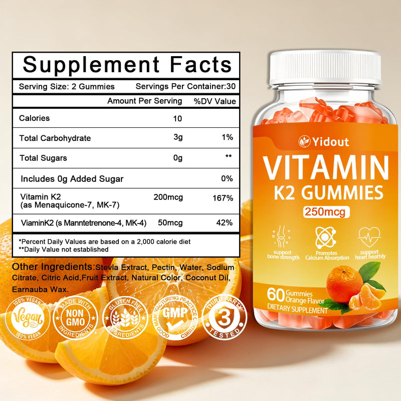 Vitamin K2 Gummies Orange Flavor, Bone & Heart Wellness Support for Adults 60 Count (Pack of 1)