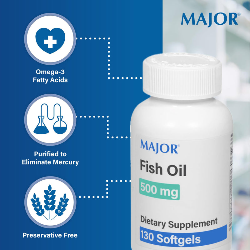 MAJOR Fish Oil 500mg Softgels - Omega-3 Fish Oil Supplement - Dietary Supplement - 130 Count (3 Pack) 130 Count (Pack of 3)