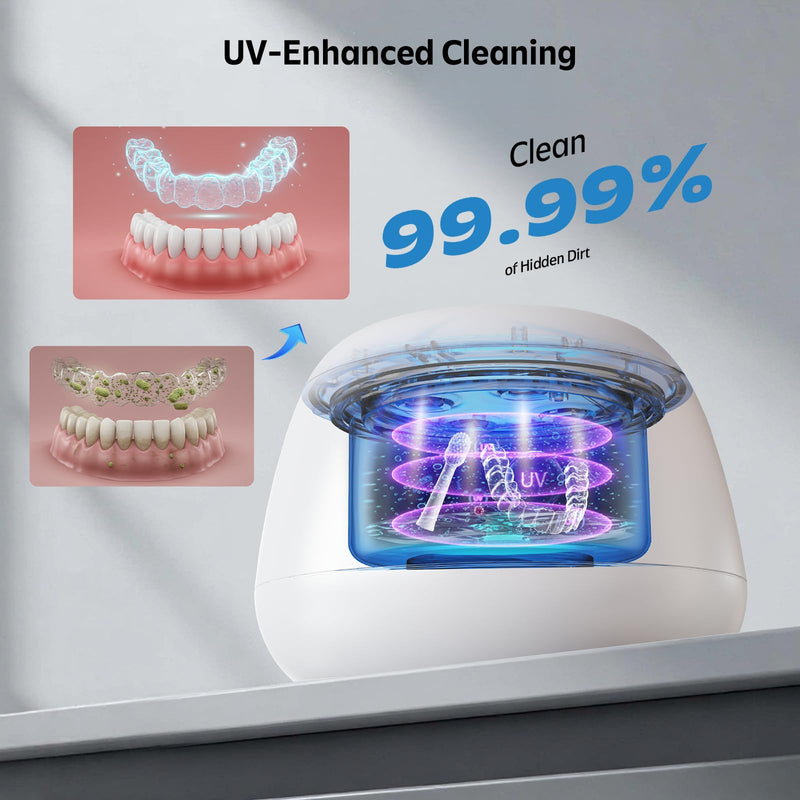 Ultrasonic Retainer Cleaner Machine 48kHz Denture and Aligner Cleaning Pod for Mouth Guards Night Guards Dental Trays Braces Toothbrushes Jewelry with 200ML Capacity (White) White