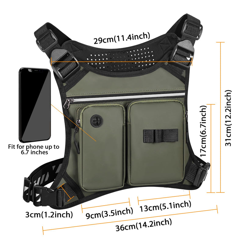 Chest Bag for Men, Waterproof Running Pack with Water Bottle & Phone Holder, Lightweight & Adjustable EDC Bag for Workouts, Running, Fishing, Cycling (Olive) Olive