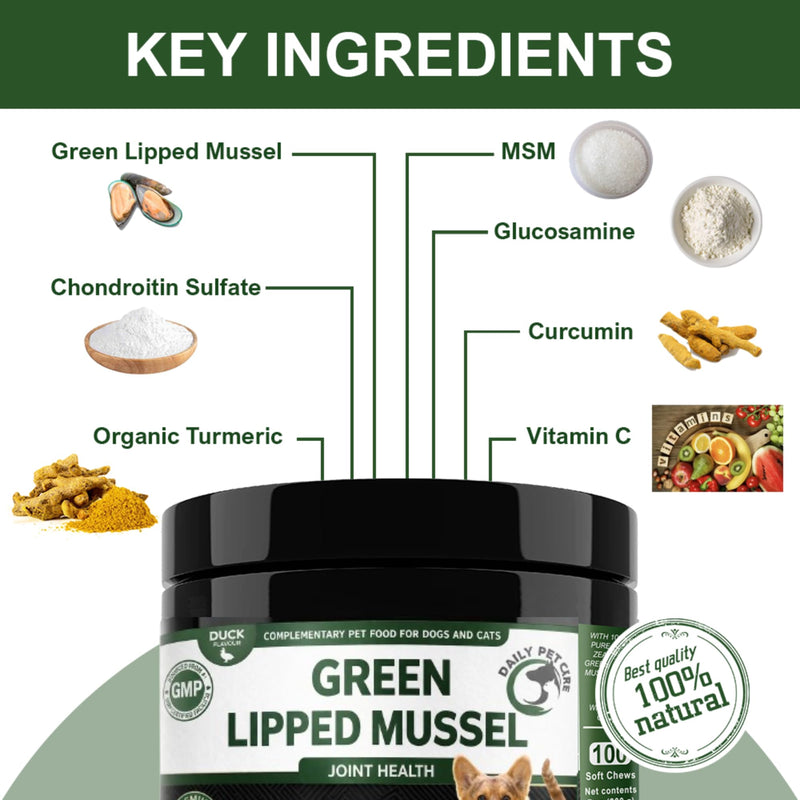 Green Lipped Mussel for Dogs & Cats High Strength Joint Supplement – Glucosamine MSM Chondroitin – Hip & Joint Support, Mobility & Arthritis Care CHEWS (DUCK FLAVOUR)
